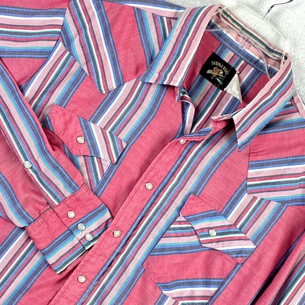 VTG Saddle King Pearl Snap Western Shirt Mens XL Pink Blue Stripe Cowboy USA